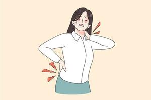 Körper Schmerzen und Verletzung Konzept. betont Frau Büro Arbeiter Stehen Leiden von Hals und zurück Schmerzen berühren Körper Vektor Illustration