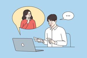 online Geschäft Kommunikation und Plaudern Konzept. jung Menschen Mann und Frau Kollegen chatten online auf Laptop zum Arbeit Vektor Illustration