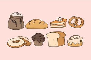 bröd konfekt och bakverk begrepp. uppsättning av färsk bakad bröd munk muffin kaka bit bakverk och Ingredienser för bakning vektor illustration