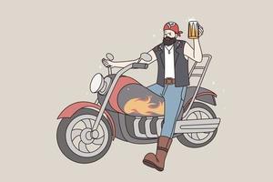 cool bärtig Mann Biker sitzen auf Motorrad Trinken Bier. brutal männlich Rocker auf Motor- Fahrrad genießen alkoholisch Getränk. Subkultur, Männlichkeit Konzept. eben Vektor Illustration, Karikatur Charakter.