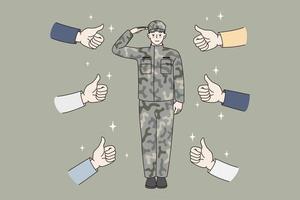 soldat salutera och godkännande begrepp. ung man soldat och kamouflage kaki kostym enhetlig stående salutera med mänsklig händer som visar tummen upp tecken från Allt sidor vektor illustration