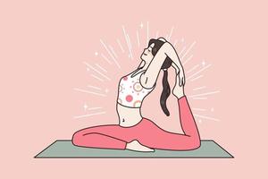 aktiv gesund Lebensstil und Sport Konzept. jung Frau Herstellung Dehnen Yoga oder Pilates trainieren auf Matte Gefühl Harmonie Vektor Illustration