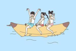 überglücklich klein Kinder Reiten Banane Boot genießen glücklich Sommer- Ferien beim Meer. lächelnd wenig Kinder haben Spaß auf Unterhaltung Wasser Ausrüstung. Strand Urlaub Konzept. eben Vektor Illustration.