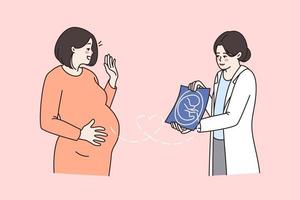 Arzt Show Ultraschall Bild Zukunft Mutter im Krankenhaus Kabinett. weiblich Krankenschwester oder Gynäkologe zeigen Baby Foto zu schwanger Frau. Schwangerschaft, Fruchtbarkeit, ivf Behandlung. Vektor Illustration.