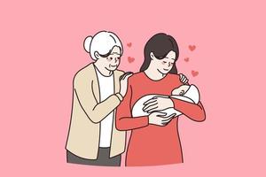 glücklich drei Generationen von Frauen, Baby Kind, Mutter und Oma, Show Familie Einheit Verbindung. liebend Frau streicheln Flaute wenig Neugeborene Kind, alt Mama in der Nähe von Hilfe. Nachwuchs. Vektor Illustration.