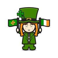 niedlicher Koboldheiliger Patrick-Tagescharakter, der irische Flaggenkarikaturvektorikonenillustration hält vektor