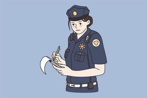 Arbeiten wie die Polizistin und Detektiv Konzept. jung ernst Frau tragen Uniform und Hut Stehen und Herstellung Anmerkungen zum Arbeit während Ermittlung Vektor Illustration