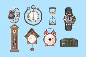 Zeit messen Uhr und Uhr Konzept. einstellen von verschiedene Uhr Uhr und Sand Uhr zum Dekoration und täglich verwenden Über Blau Hintergrund Vektor Illustration