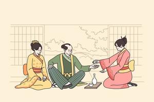 Menschen im japanisch Kostüme sitzen auf Fußboden haben traditionell Tee Zeremonie im Cafe oder Restaurant. Männer und Frauen im orientalisch Kleidung genießen Japan Zoll und Kultur. eben Vektor Illustration.