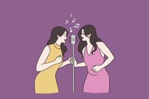 lächelnd Frauen freunde haben Spaß singen im Mikrofon entspannen im Karaoke Bar zusammen. glücklich tausendjährig Mädchen Sänger Vorformling Lied im Duo, sich ausruhen auf Bühne. Künstler, Hobby, Musik- Konzept. Vektor Illustration.