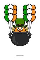 söt leprechaun saint patrick dag karaktär flyger med ballong tecknad vektor ikon illustration