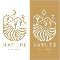 Natur Vektor Logo. mit Bäume, Flüsse, Meere, Berge, Geschäft Embleme, Reise Abzeichen, ,ökologisch Gesundheit