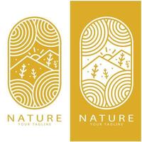Natur Vektor Logo. mit Bäume, Flüsse, Meere, Berge, Geschäft Embleme, Reise Abzeichen, ,ökologisch Gesundheit