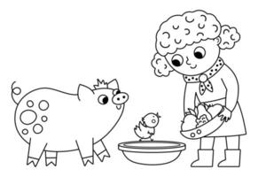 Gliederung Farmer Mädchen Fütterung Tiere. Vektor schwarz und Weiß das Vieh Züchter Symbol. süß Kind tun landwirtschaftlich arbeiten. Kind mit süß Schwein. komisch Bauernhof Illustration oder Färbung Seite