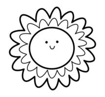 söt svart och vit leende söt Sol ikon. vektor barnslig översikt illustration. linje planet bild eller färg sida isolerat på vit bakgrund.