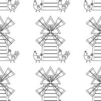 Muster auf das Thema von das Dorf. Platz Muster mit Vögel, Hühner und Windmühlen. Vektor linear Illustration.