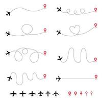 flygplan resa väg ikoner uppsättning. ta av och landning av de flygplan. vektor illustration.