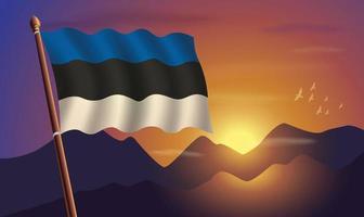 Estland Flagge mit Berge und Sonnenuntergang im das Hintergrund vektor