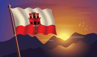 Gibraltar Flagge mit Berge und Sonnenuntergang im das Hintergrund vektor