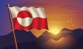 Grönland Flagge mit Berge und Sonnenuntergang im das Hintergrund vektor