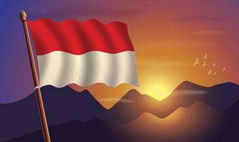 Indonesien Flagge mit Berge und Sonnenuntergang im das Hintergrund vektor