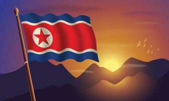 Norden Korea Flagge mit Berge und Sonnenuntergang im das Hintergrund vektor