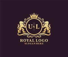 första ul brev lejon kunglig lyx logotyp mall i vektor konst för restaurang, kungligheter, boutique, Kafé, hotell, heraldisk, Smycken, mode och Övrig vektor illustration.