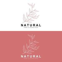 enkel botanisk blad och blomma logotyp, vektor naturlig linje stil, dekoration design, baner, flygblad, bröllop inbjudan, och produkt branding