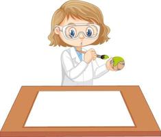 süßes Mädchen, das Wissenschaftleruniform mit leerem Papier auf dem Tisch trägt vektor