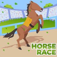 häst lopp. illustration av en häst i de mitten av en häst tävlings stadion Spår. illustration av en tävlings häst stående på två ben. vektor