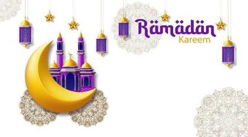 ramadan kareem. halvmåne måne prydnad, moské, lykta och blommig mandala isolerat på vit bakgrund. ramadan kareem hälsning kort. islamic firande bakgrund. vektor illustration