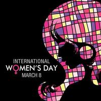 Design Über International Damen Tag mit ein Zeichnung von ein Frau Gesicht mit Quadrate Textur auf schwarz Hintergrund vektor