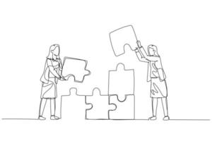 Zeichnung von Geschäftsfrau Herstellung Puzzle Turm. Konzept von Zusammenarbeit. einer Linie Kunst Stil vektor