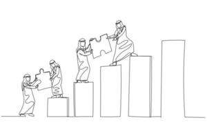tecknad serie av arab affärsman och team föra pussel till de topp. begrepp av lagarbete. enda kontinuerlig linje konst stil vektor