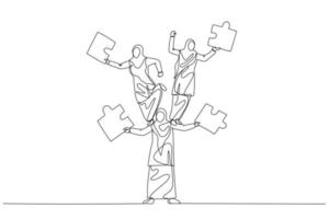Zeichnung von Muslim Frau Jonglieren Puzzle von Mensch Turm. Konzept von Zusammenarbeit. einer kontinuierlich Linie Kunst Stil vektor