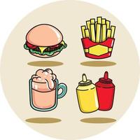 Vektor Abbildungen gemacht mit Vektor Grafik Design Software Das darstellen verschiedene Typen von Essen serviert beim schnell Essen Restaurants oder schnell Essen setzt. diese Illustration ist benutzt zum Marketing Zwecke