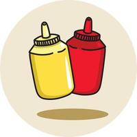 ein Vektor Illustration gemacht mit Vektor Grafik Design Software Das zeigt ein Soße Flasche mit verschiedene Typen von Saucen eine solche wie Ketchup, Senf Soße, oder Grill Soße.