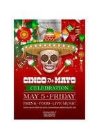 cinco de Mayo Poster. cinco de Mayo Party Poster mit Schädel mit Sombrero, Star Pinatas und Wimpel vektor