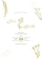 minimalistisk bröllop inbjudan mall med guld hand dragen blommig vektor