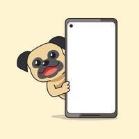 Karikatur Charakter Mops Hund und Smartphone vektor