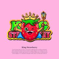 söt jordgubb maskot med mustasch och klädd tycka om en kung. söt frukt vektor isolerat.