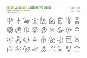 enkel uppsättning av eco vector tunn kontur ikoner. såsom miljö, ekolgy, förnybar energi, alternativ kraft, biobränsle, återvinning, grönt tänkesätt, vattendroppe 48x48 pixlar perfekt. redigerbar stroke