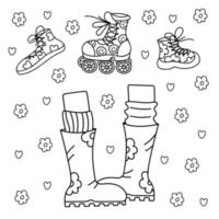 süß retro einstellen mit Gummi Stiefel, Turnschuhe und Walze Rollschuhe. Gekritzel Vektor schwarz und Weiß Illustration.