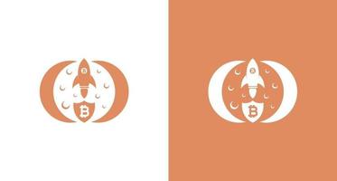 Rakete über dem Mond Illustration, fliegende Bitcoin-Rakete im Weltraum, modernes Raketenmond-Logo vektor