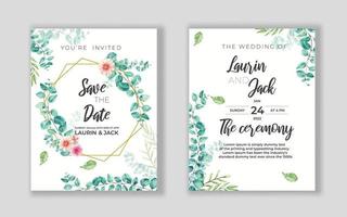 bröllop blommig gyllene inbjudningskort spara datum design med rosa blommor vektor