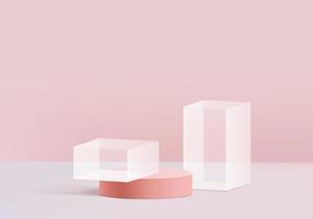 modern bakgrundsplattform med med rosa glas modern. bakgrundsvektor 3d-rendering kristall modern podiumplattform. stativ visar kosmetisk produkt. scen showcase på piedestal modern 3d studioplattform vektor