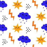 nahtlos Muster mit abstrakt Gekritzel Formen. Kinder Zeichnungen von Sterne, Wolken und Blitz. Hintergrund, Hintergrund, Verpackung, Textil- Vorlage. vektor