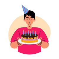 Geburtstag Feier. jung Mann weht Kerzen auf festlich Kuchen. Überraschung, Jahrestag Konzept. eben Vektor Illustration auf Weiß Hintergrund.