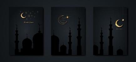 Ramadan kareem 2023 Vektor einstellen Gruß Karte. Gold Hälfte Mond auf schwarz Hintergrund. golden Urlaub Poster mit Text, islamisch Symbol. Konzept Muslim Religion Banner, Flyer, Party Einladung, Verkauf Geschäft