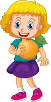 glückliche Mädchenkarikaturfigur, die eine Orange hält vektor
